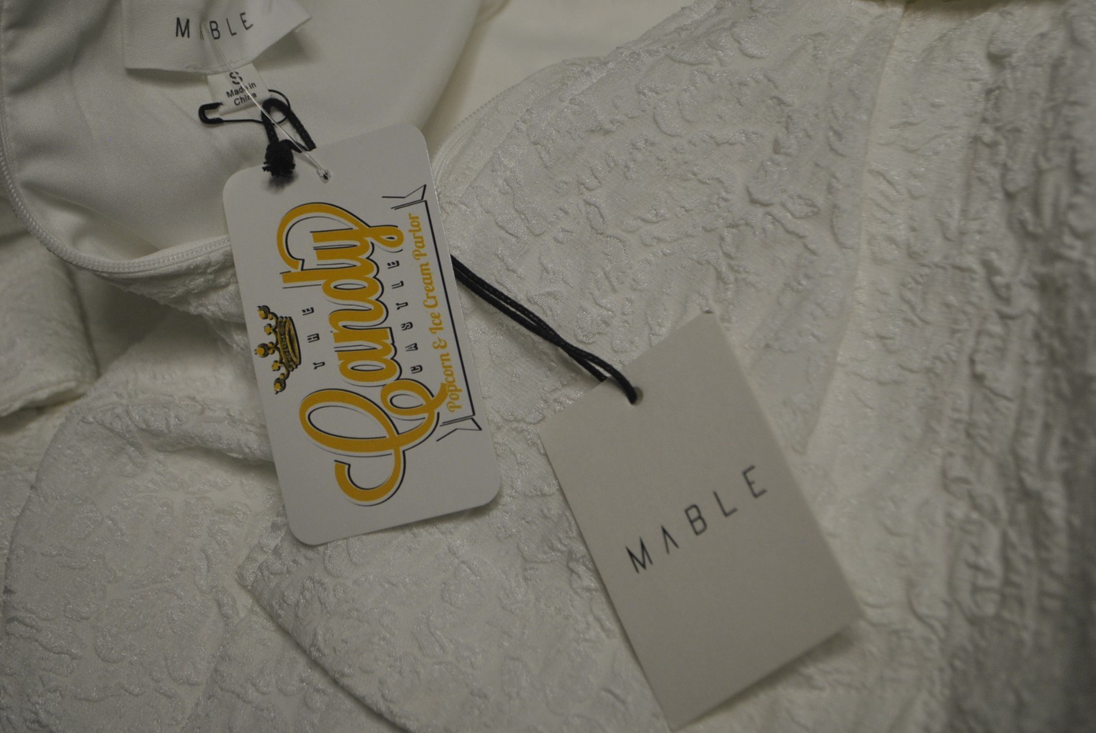 MABLE White Textured Ruffle Peplum Mini Dress Deep V Open Back Size Small NWT