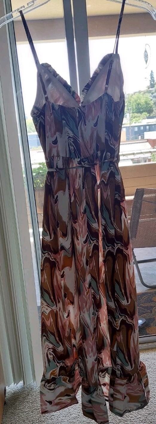 COMMENSE M Multicolor Abstract V-Neck Midi Dress Ruffle Adjustable Straps