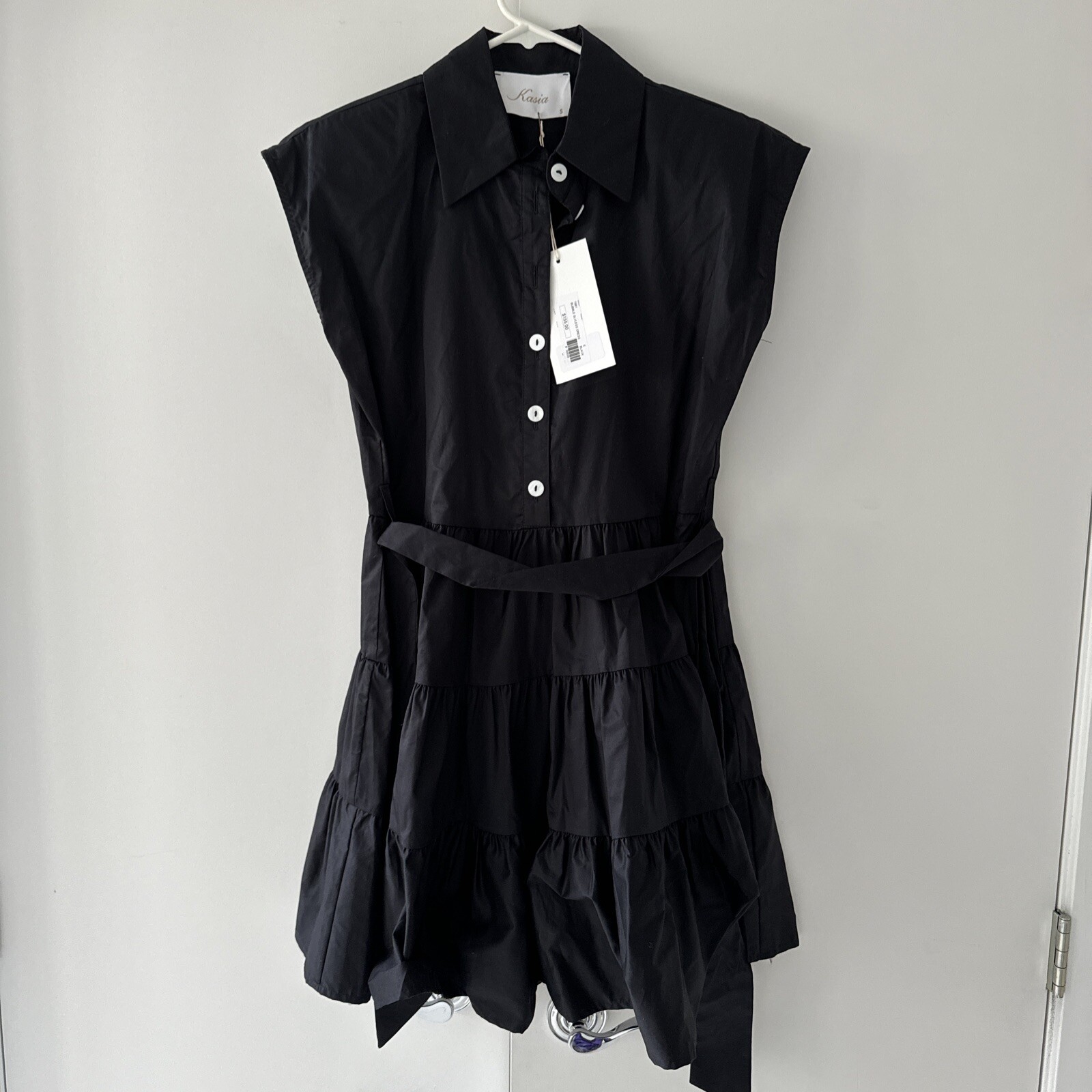 NWT $155 KASIA Bubble Ruffled Black Mini Dress Made In Greece SMALL Designer