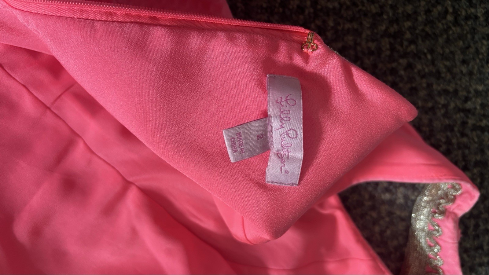 LILLY PULITZER Junie Shift Dress Coral Reef Pink METALLIC Gold TRIM Sz 2