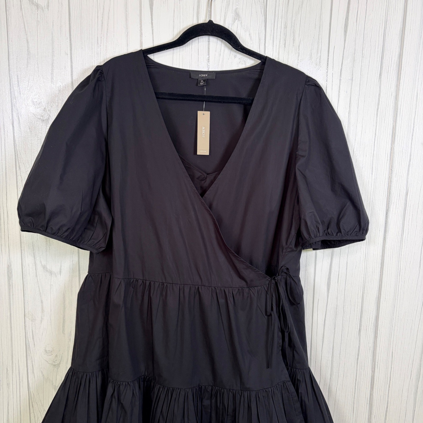 J.CREW NWT Black Puff-Sleeve Cotton Poplin Wrap Dress & Separate Slip Lining, XL