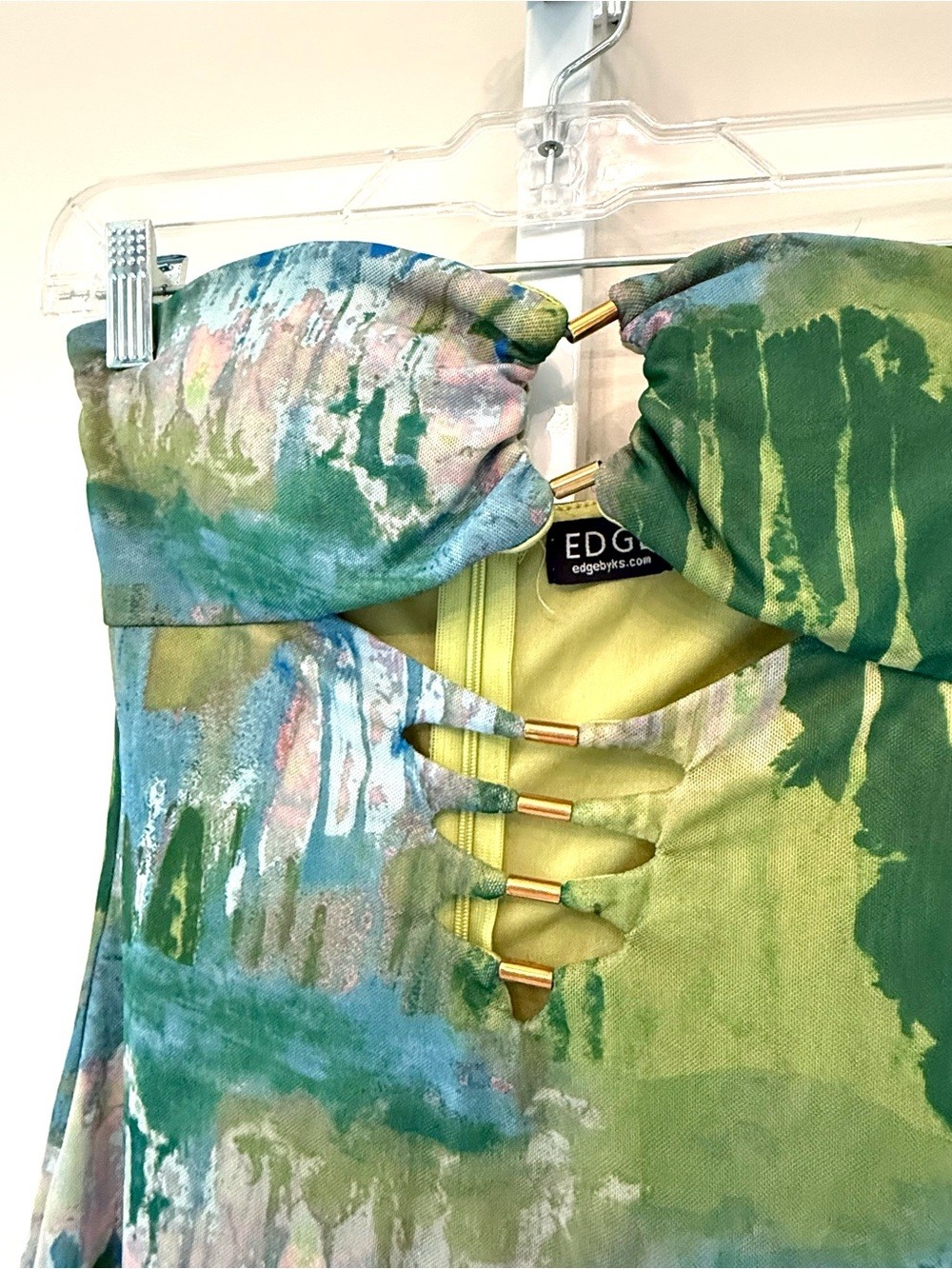 Edge Strapless Maxi Dress Abstract Green Blue Print Ruffle Slit Size S