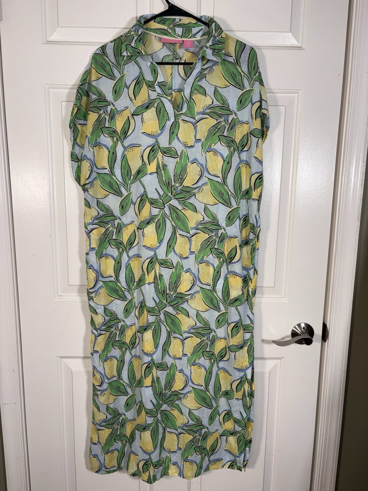 Isaac Mizrahi Maxi Dress Women’s Medium Lemon Print Linen Blend Beachy Coastal