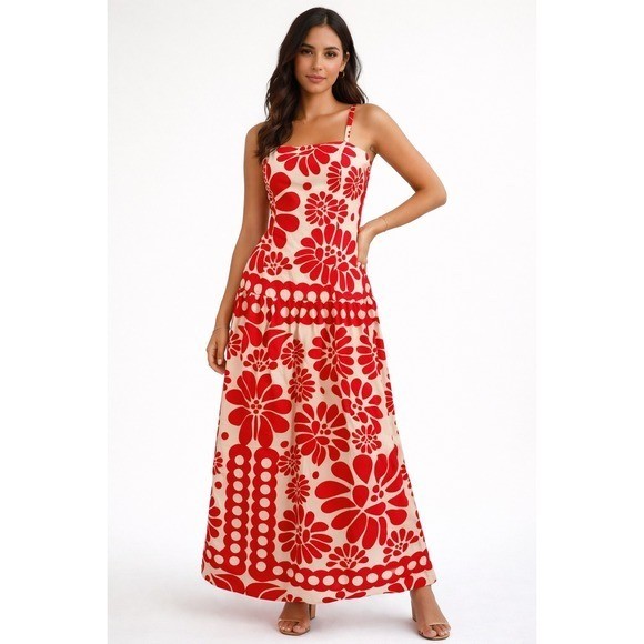 Commense Red Floral Maxi Dress Sleeveless Summer A-Line Flowy Sundress Size S
