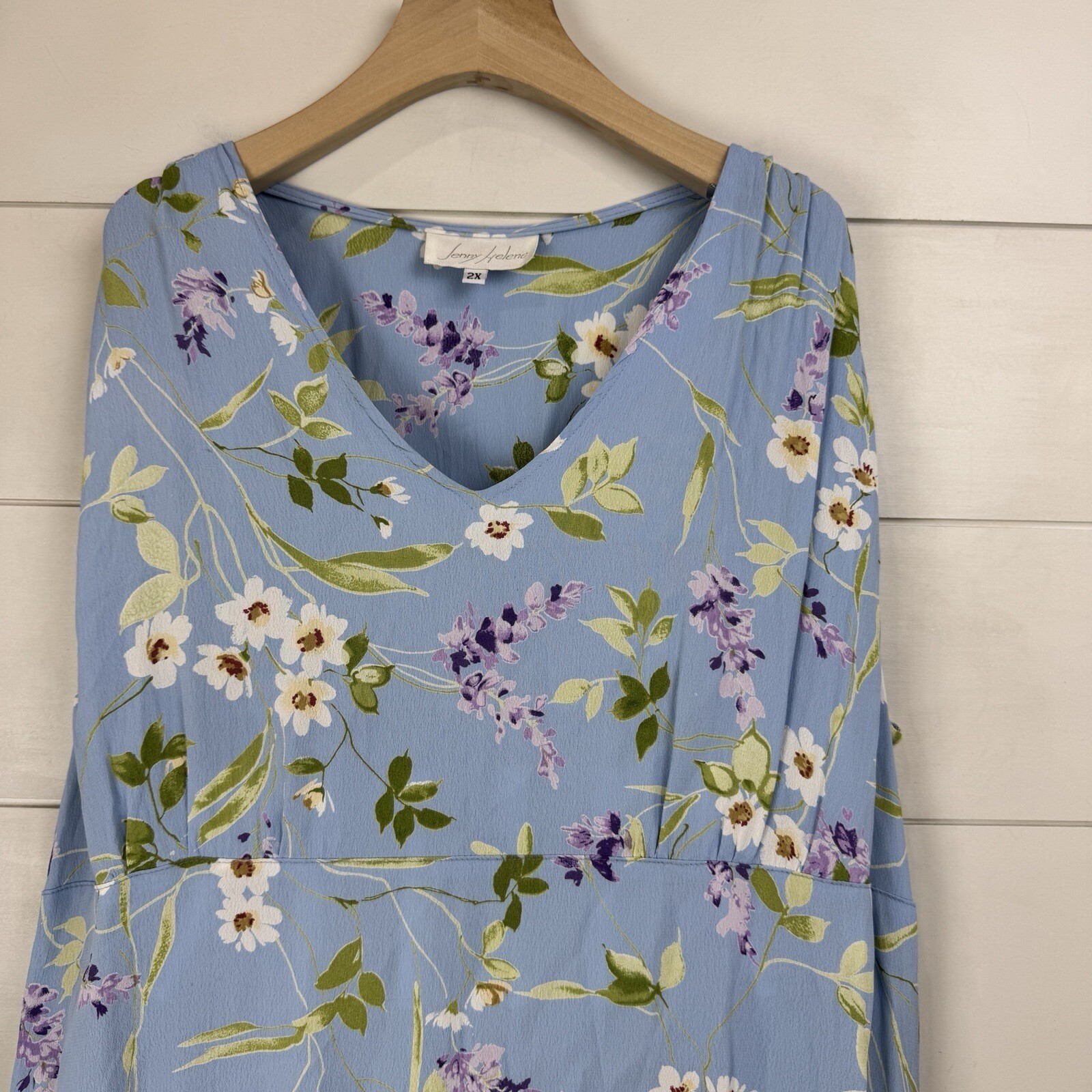 VTG! Jenny Helene Blue Floral Summer Long Dress 2X 100% Rayon USA Cottagecore