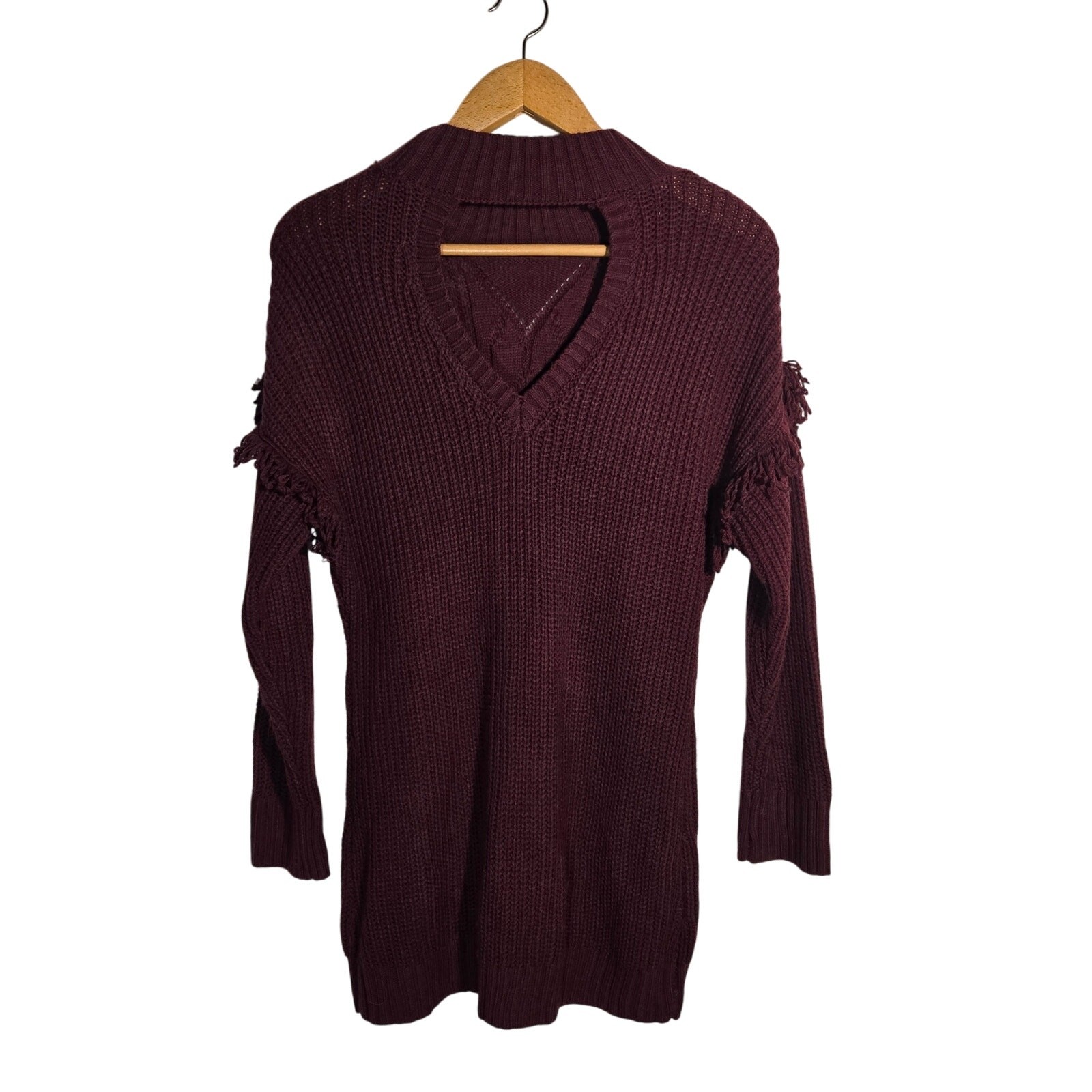 American Rag Medium Keyhole Cable Knit Fringe Dress Burgundy Wine Winter Cozy