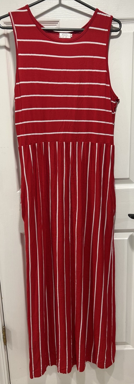 HOUNT Size L Pullover Sleeveless Long Maxi Dress Red/White Stripes w/ pockets
