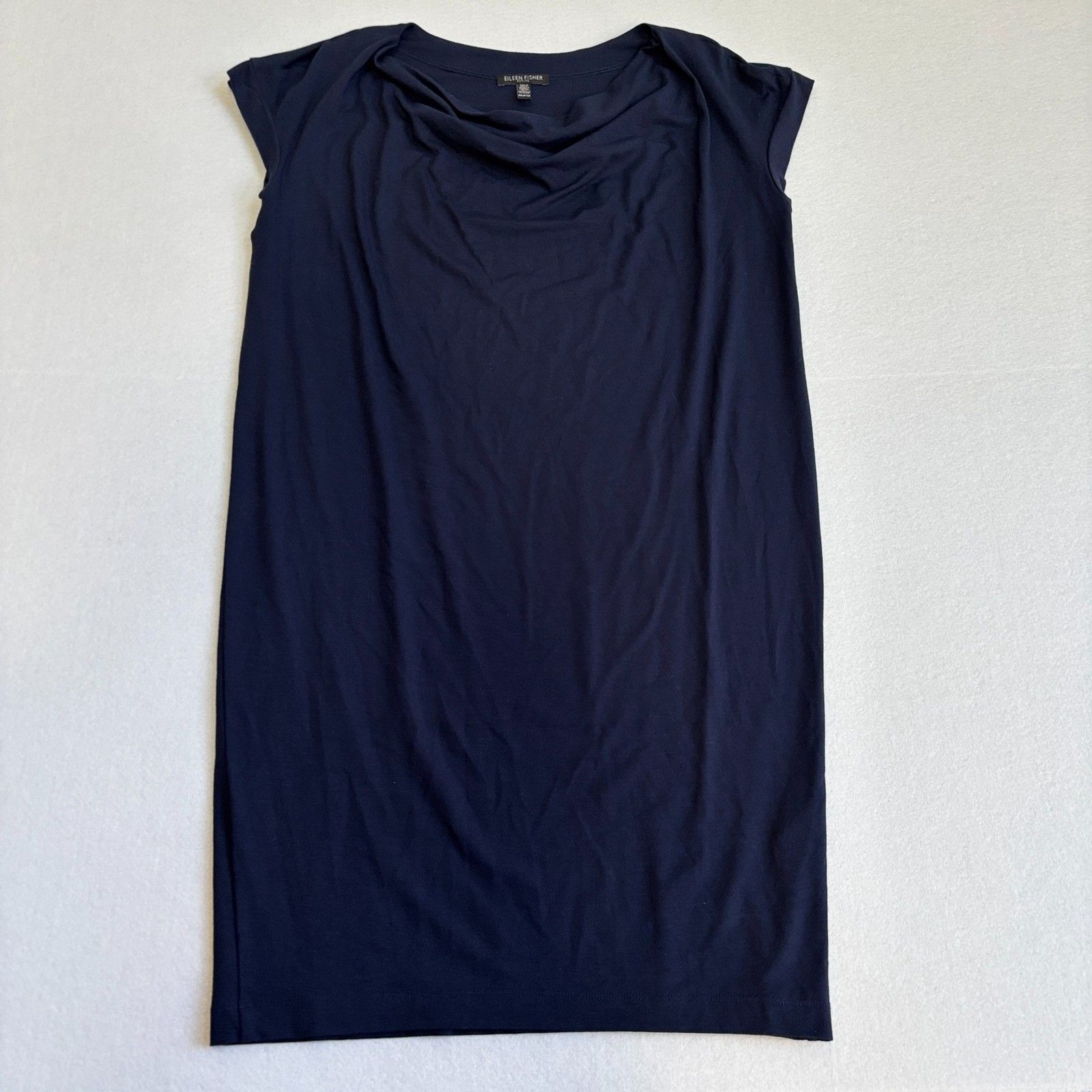 Eileen Fisher Shift T-Shirt Dress Womens PP Navy Blue Draped Neck Jersey Stretch