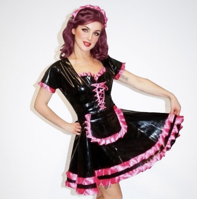 Misfitz black PVC & hot pink satin lace up Sissy Maids dress. SIZE 20. TV CD
