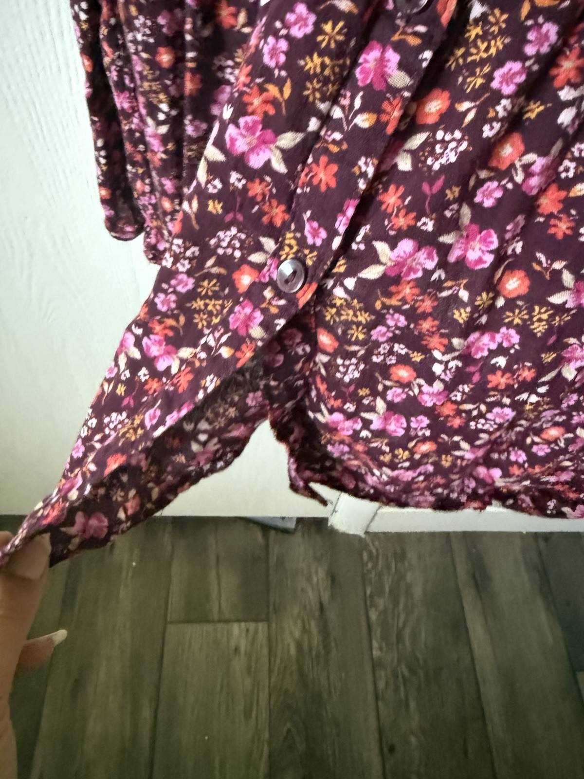 Old Navy Burgundy Floral Round Neck Puff Short Sleeve Button Front Midi XL