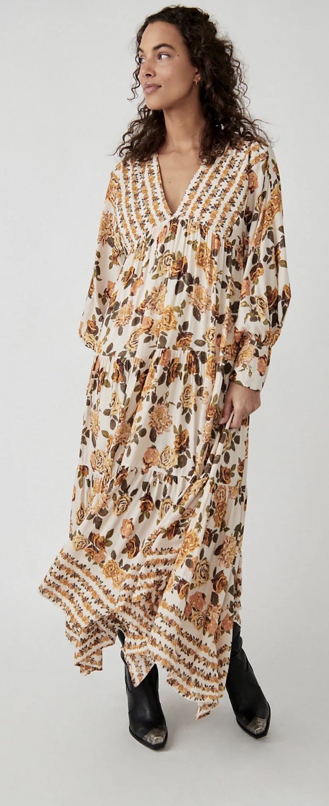 $168 Free People Ivory Combo Rows of Roses Maxi Dress Medium P2P 20”