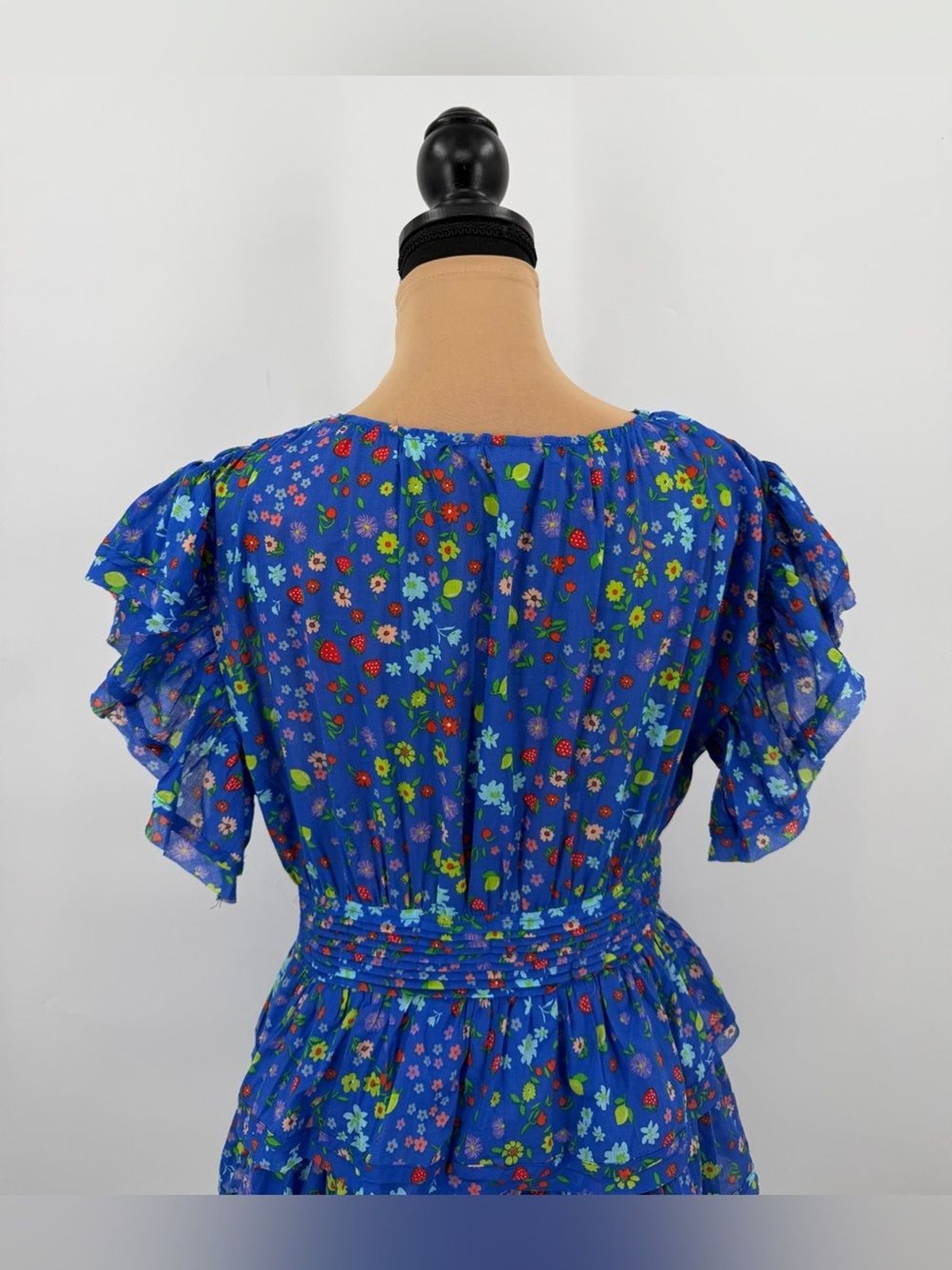 Blue Strawberry Floral Puff Sleeve Tiered Mini Dress L Cottagecore cotton euro