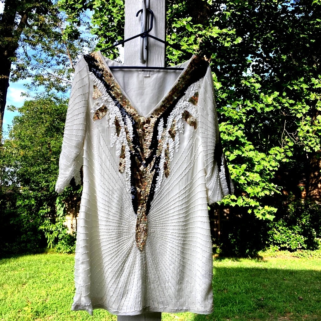 Monsoon Originals – White Sequin Sheer Lined Shift Dress V-Neck 3/4 Sleeve – 10