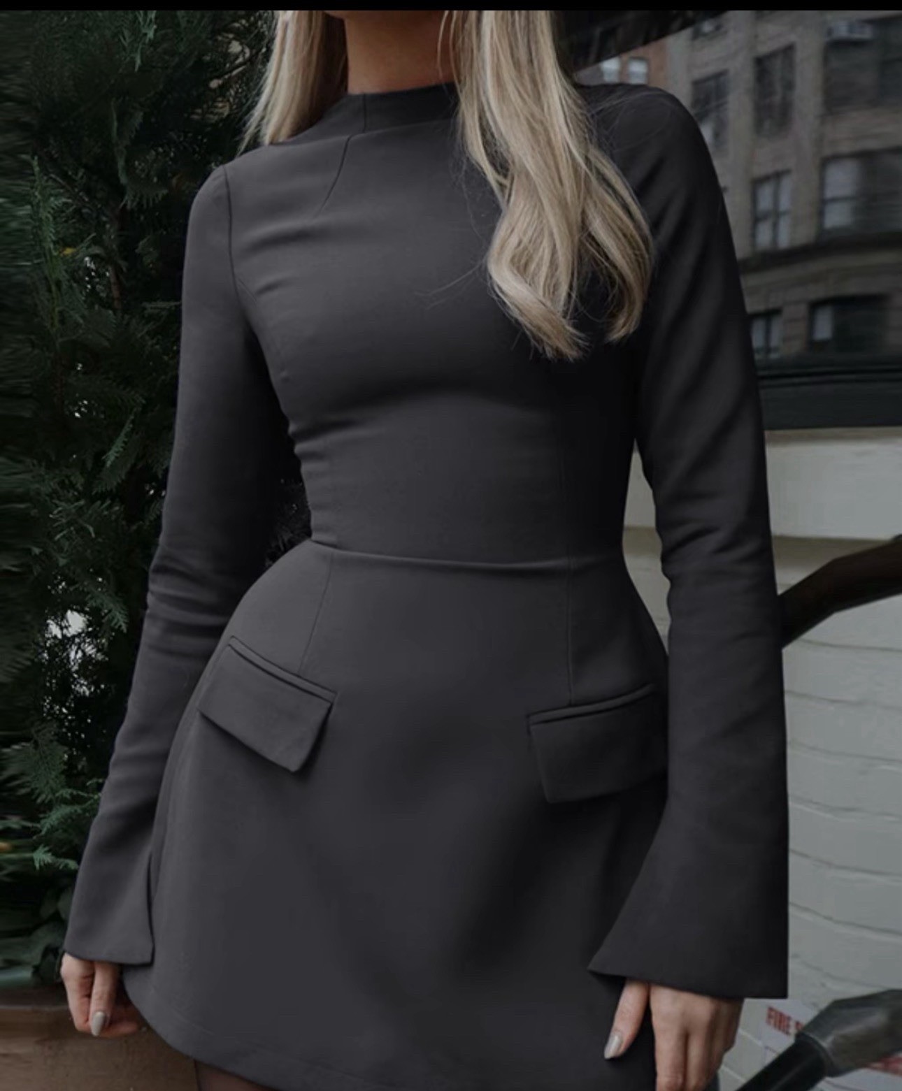 Black Mock Neck Long Sleeve A-Line Short Mini Dress Women’s Regular Size Solid