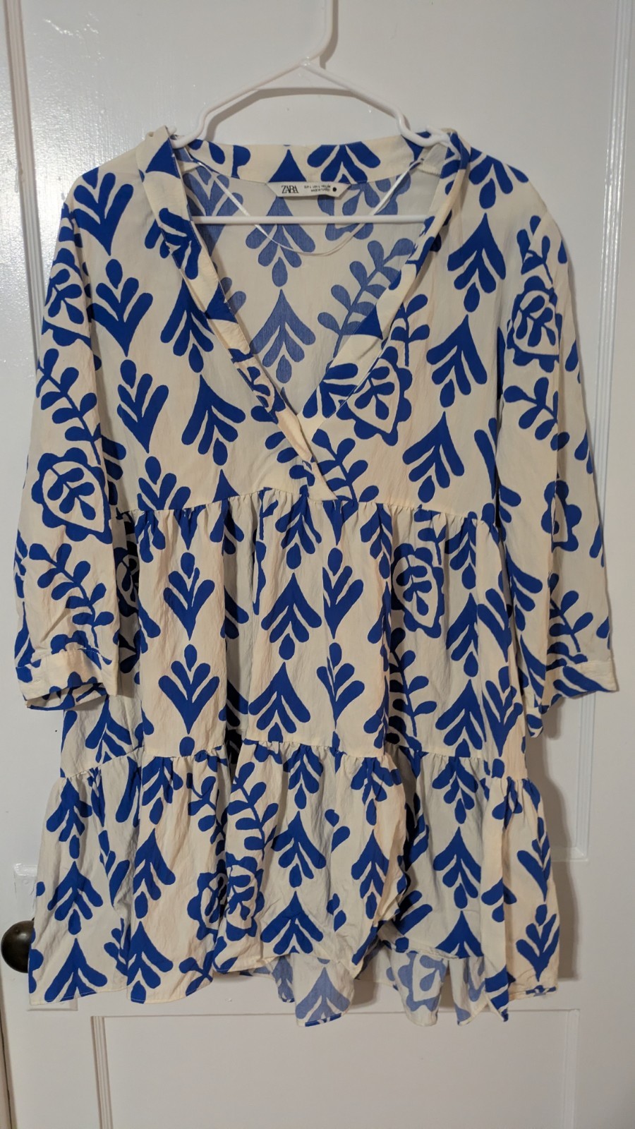 Zara Tiered Mini Dress Blue White Women’s Size Large Boho Beachy Coastal