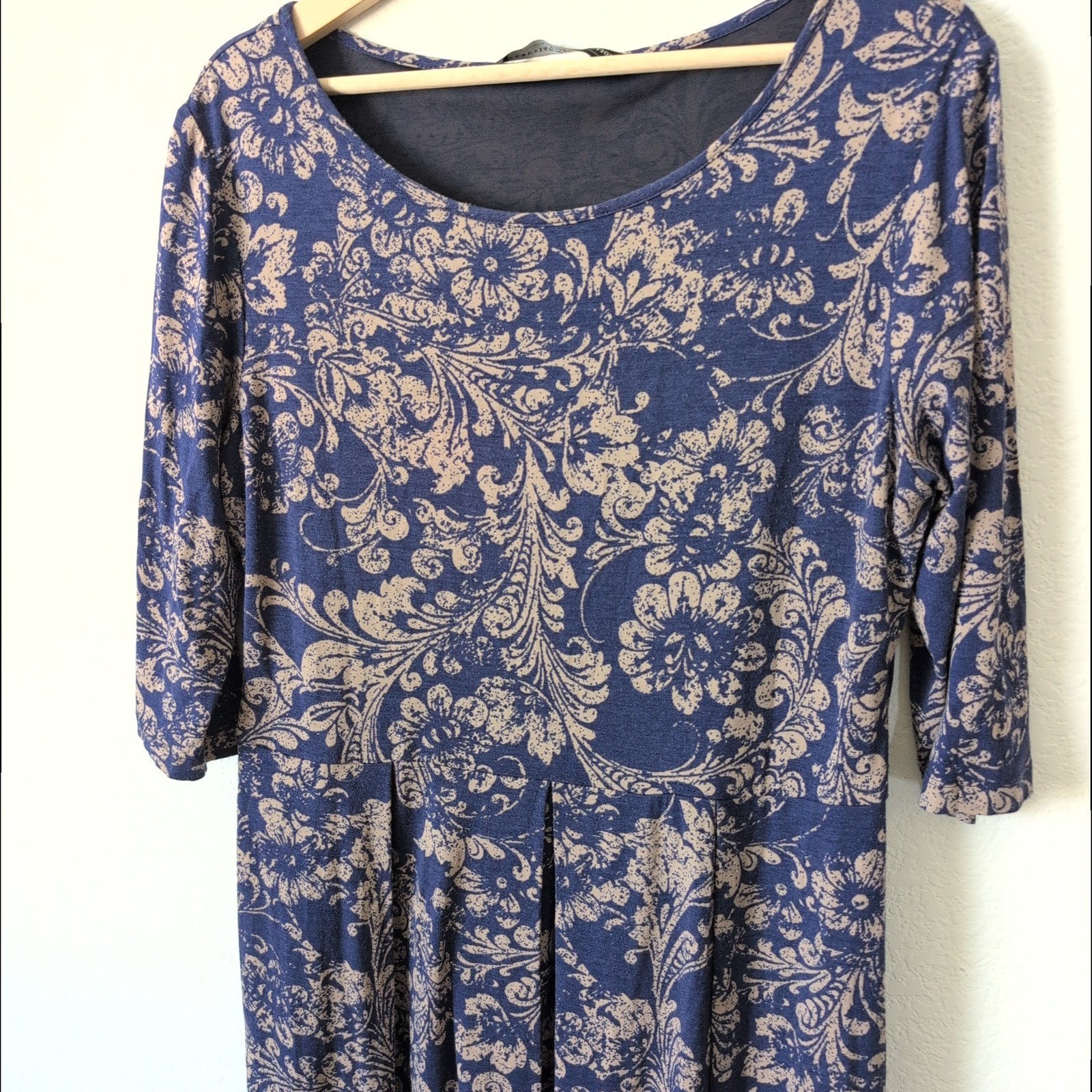 Peruvian Connection Navy Blue Tan Damask Floral 3/4 Sleeve Midi Dress Large