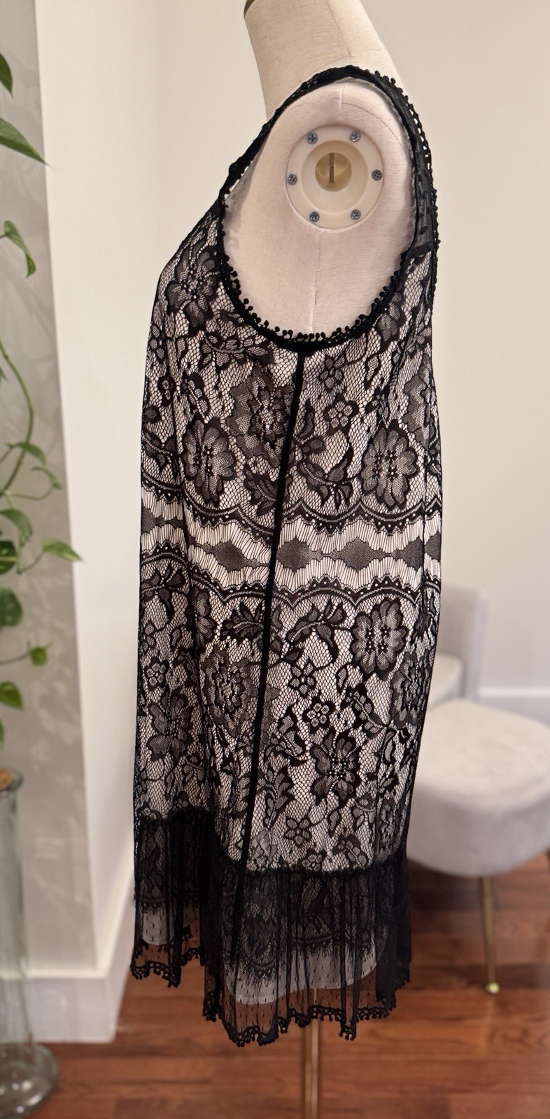 Sz M Black & Nude Lace Chiffon Gauze Gothic Mini Dress Tafetta Babydoll Sundress