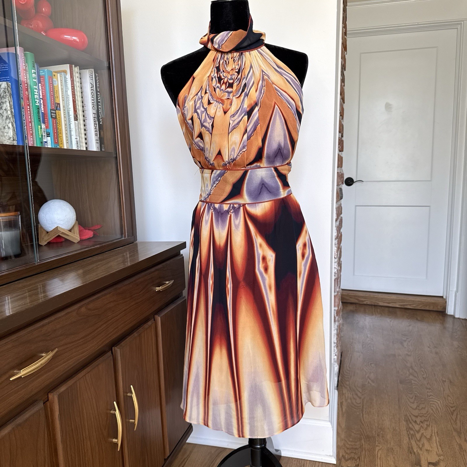 TAMSEN Y2K Vintage Abstract Heat Map Mock Neck Halter Knee-Length Dress Size 6