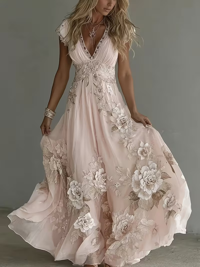 Plus Size Charming Sophisticated Pink Floral Design V-Neck Dress