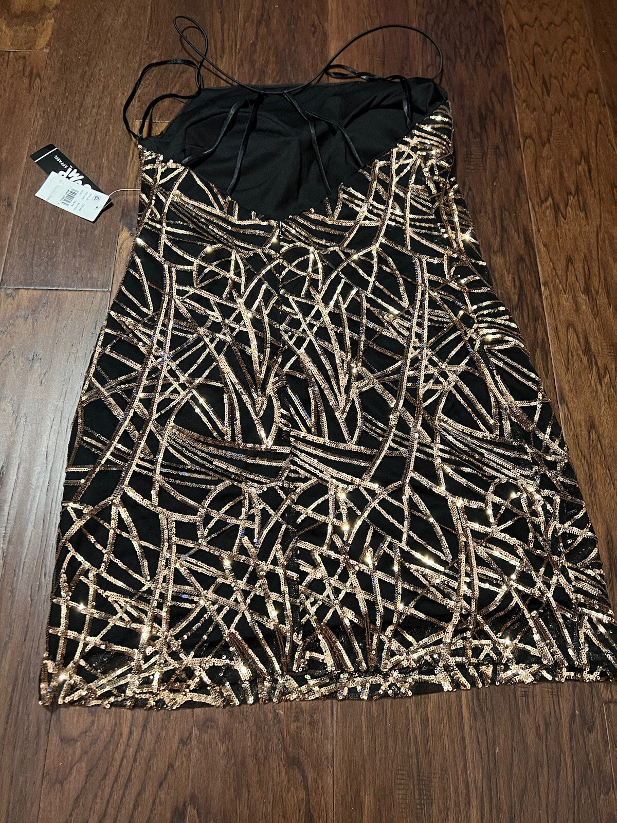 Jump Juniors’ Sequin Spaghetti-Strap Bodycon Mesh Dress – Black Gold, Size 5/6,