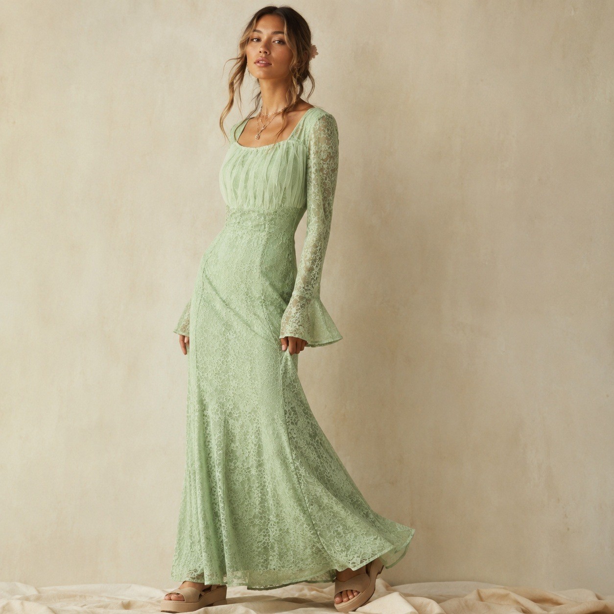 Coquette Lace Maxi Dress Size M Mint Green Bell Sleeve Fairy Ethereal Romantic