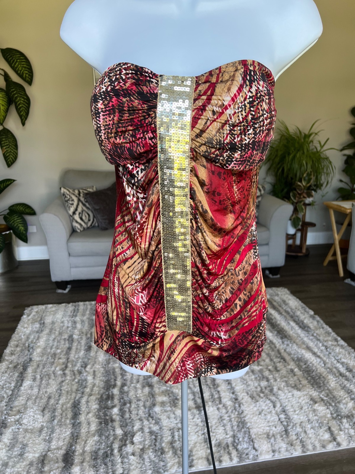 dots Strapless Silk Sequin Ruched Mini Dress Red Size Large #681