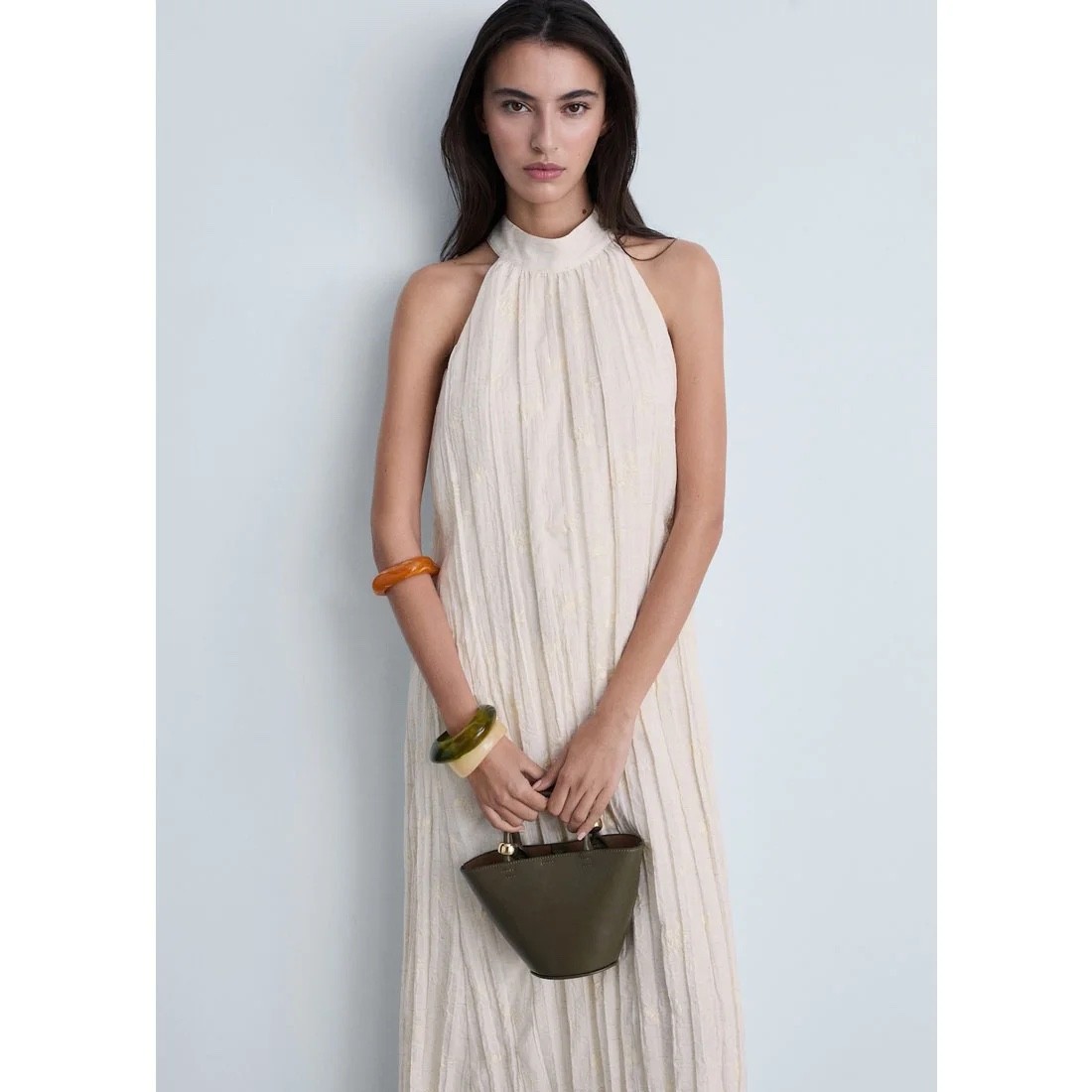 MANGO MNG Womens TRISH-A Pleated Halter Neck Tie Maxi Dress in Ivory size M/US 6