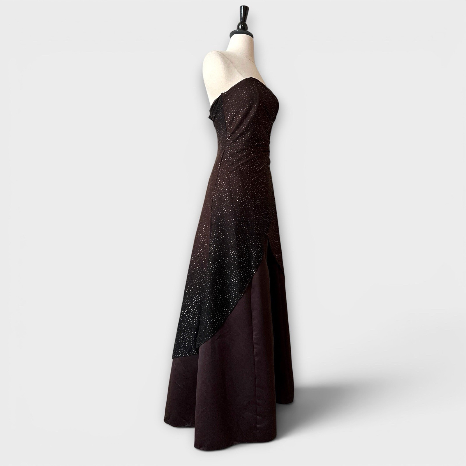 VTG Jump Apparel Strapless Evening Gown XS Brown Glitter Overlay Prom Dress Y2K
