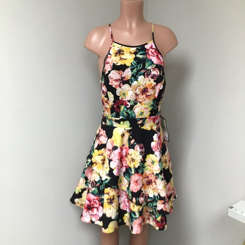 Speechless Womens Fit & Flare Dress Black Floral Stretch Halter Juniors 13 New
