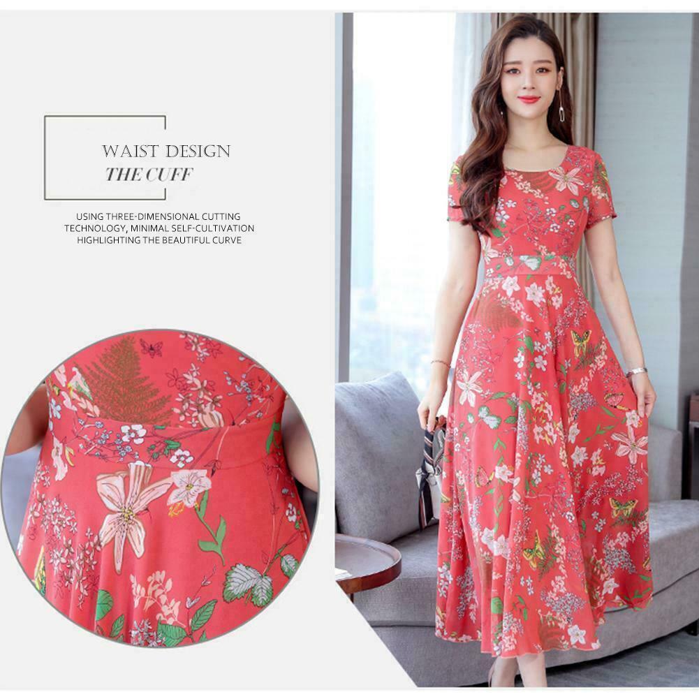 L-3XL Dresses Long Size Plus Print Floral Women Slim O-neck Sleeve Short Dress