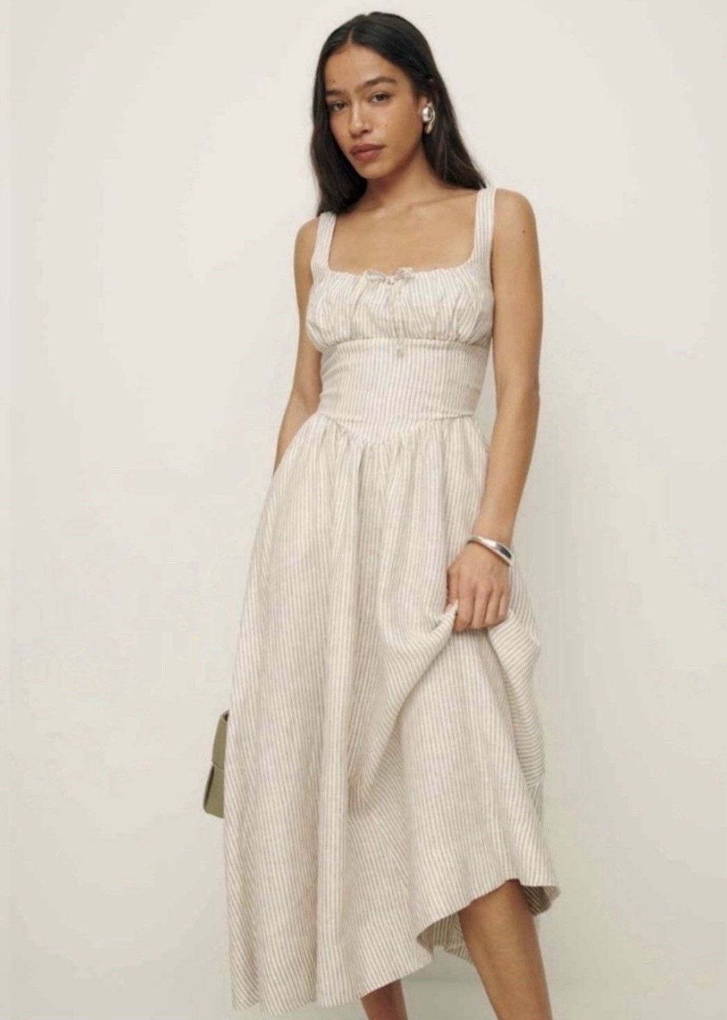 THE WORKSHOP Cottagecore Cream/Tan Striped Tie Front Midi Dress Size M, NWOT