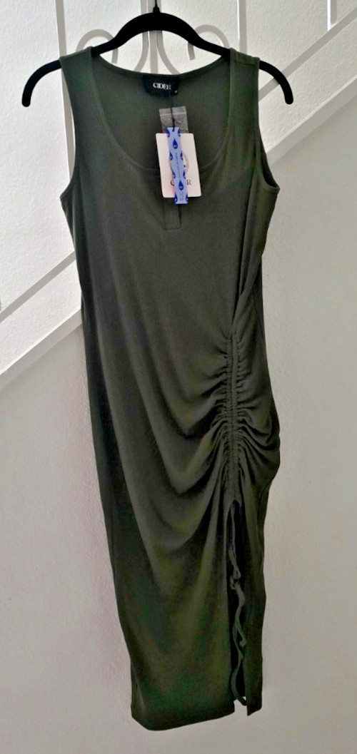 NWT Cider Green Ribbed Button Drawstring Slit Midi Dress Sz Medium