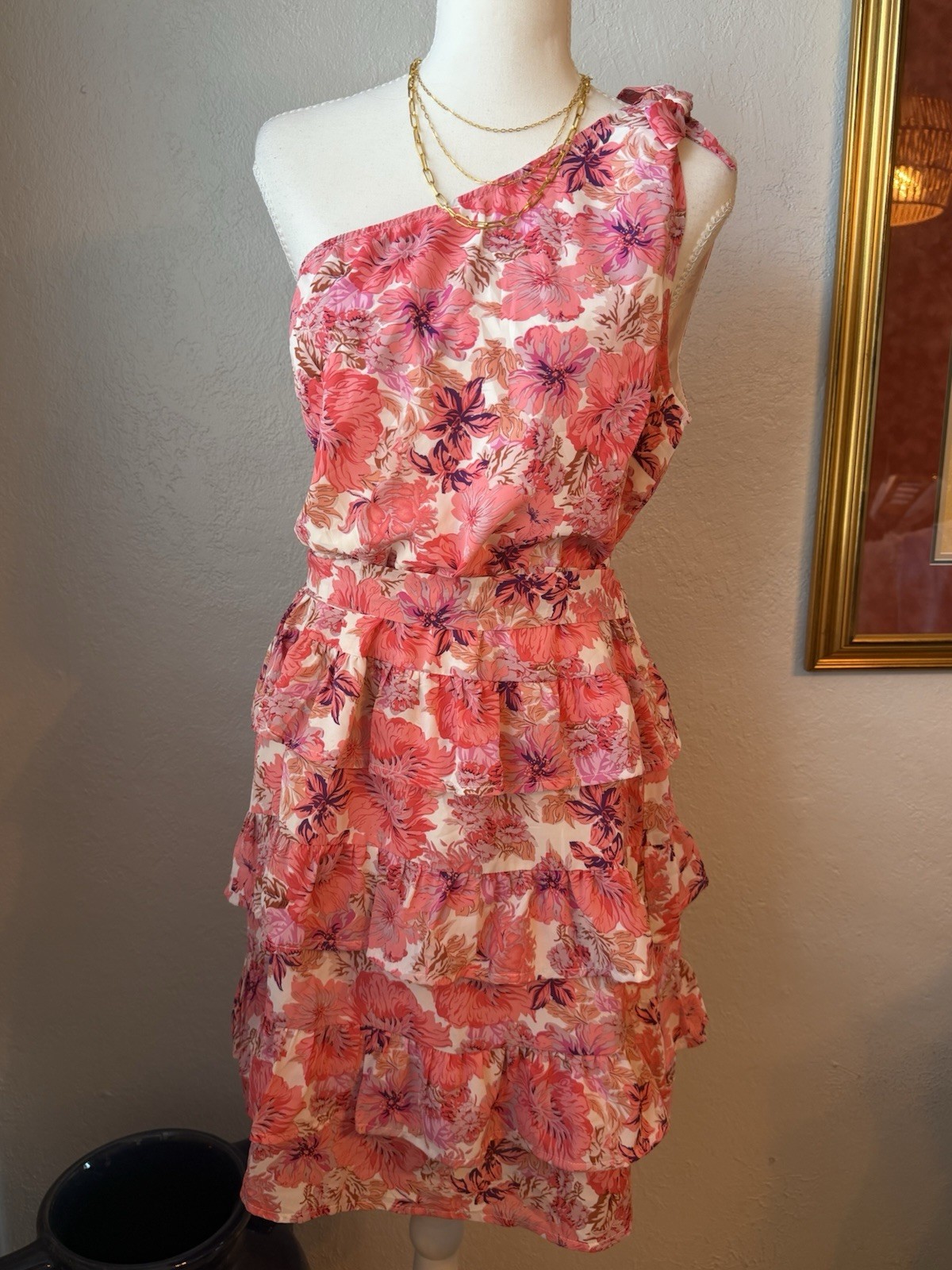 61~ NWT Meduim BTFBM Pink White Floral One Shoulder Ruffle Tie Chiffon Dress M