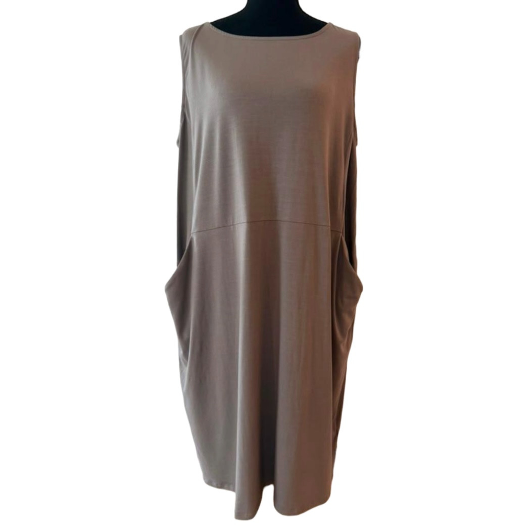 Eileen Fisher Taupe Grey Stretch Jersey Pockets Sleeveless Midi Dress Large NWT