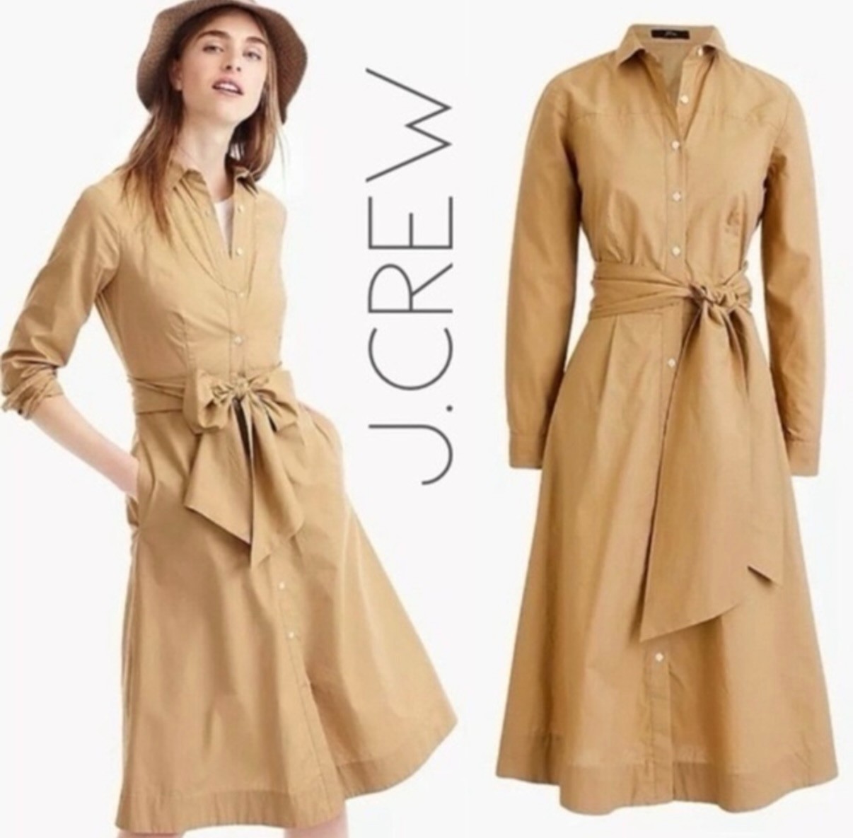 J Crew Poplin Button Front Tie Waist Shirt Dress in Honey Brown Tan Khaki sz 16