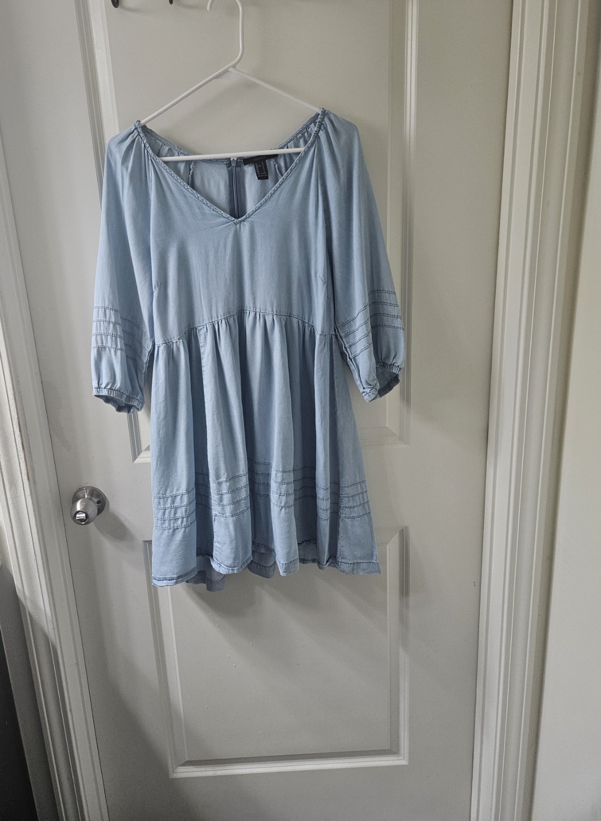 FOREVER 21 Denim Mini Dress Blue Solid V-Neck 3/4 Puff Sleeve Smocked Zip M