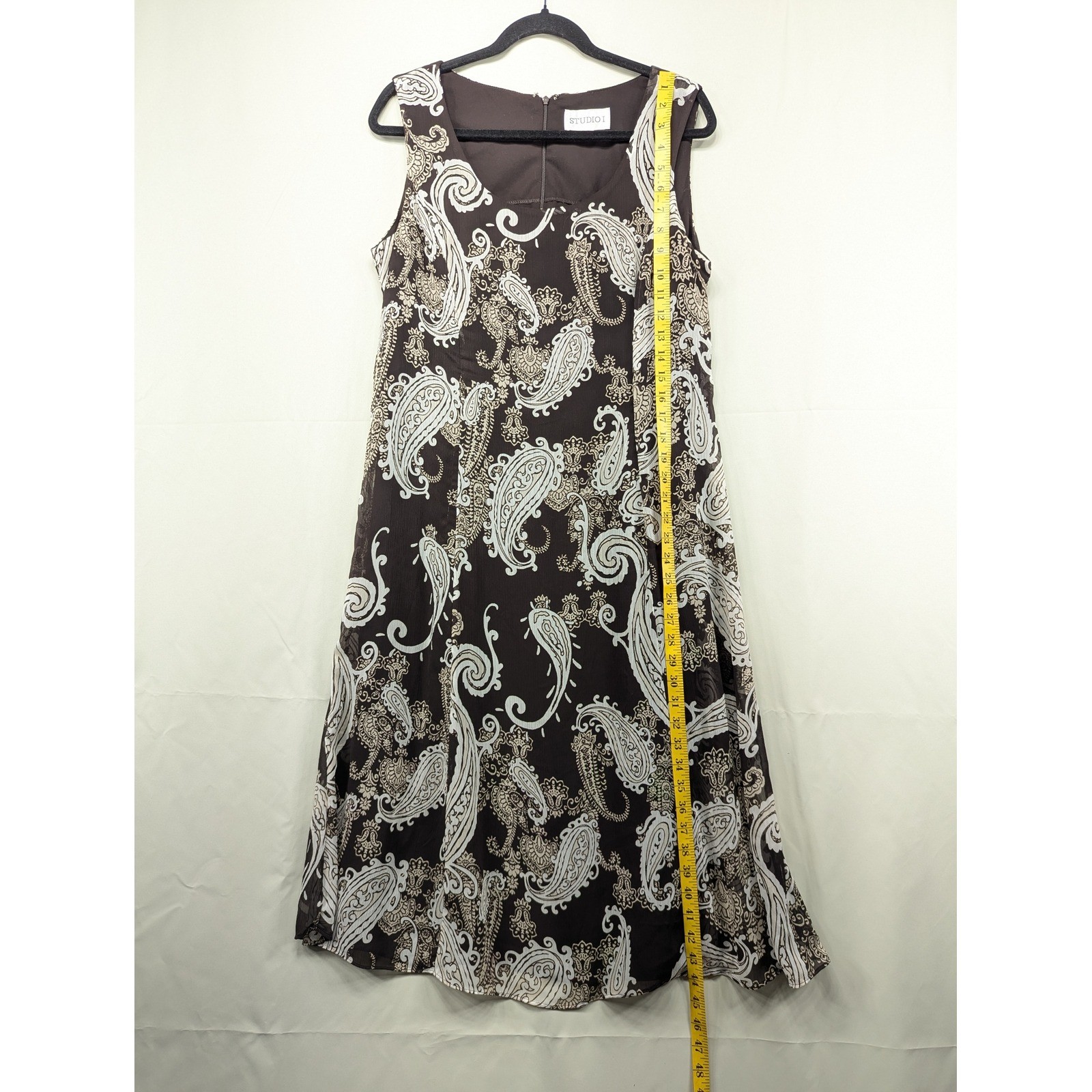 Studio I Brown Paisley Sleeveless Midi Dress Size 14 Career Casual Chic