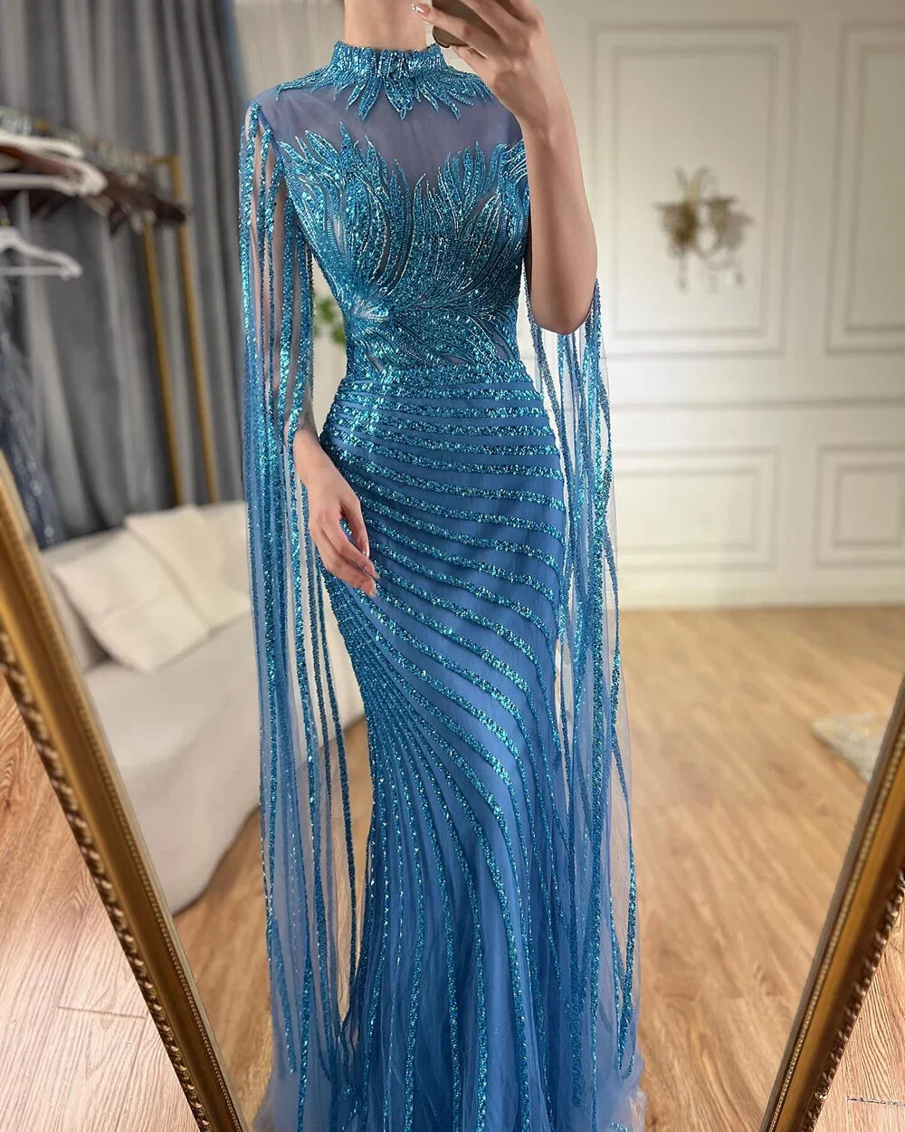 Mermaid Angular Sleeve Lace Bead Evening Dress Sweeping Train Prom Ball Gown