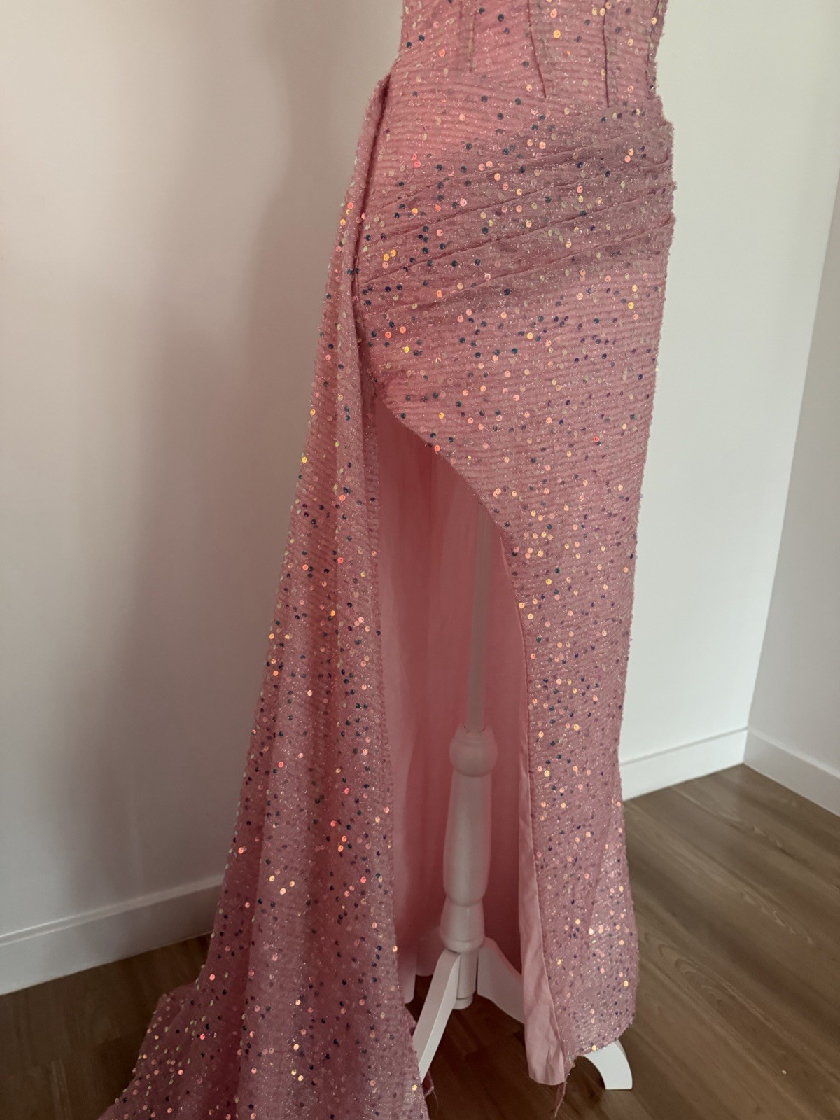 Pink Solid Sequin Long Gown Sweetheart Lace Up Train with transparent straps