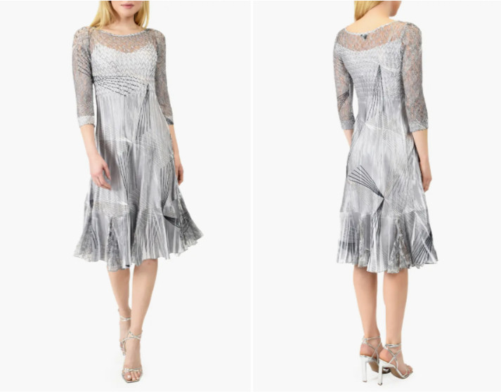 KOMAROV Gray Black Graphic Diamond Charmeuse & Lace Midi Slip Dress XL = 14/16