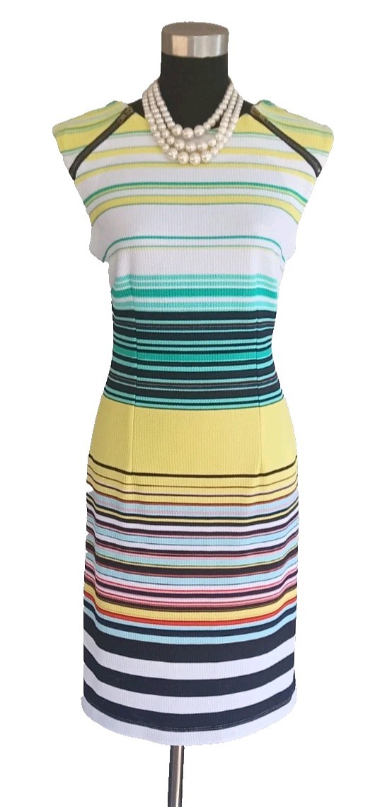 Karin Stevens Knit Dress Sz 10 White Red Pink Yellow Blue Green Black Sheath M