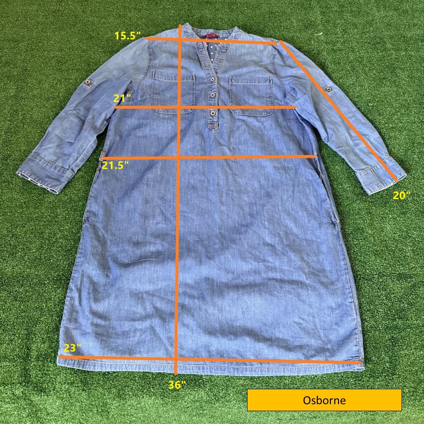 Osborne Chambray Shirt Dress Roll-Tab Sleeve Contrast Cuffs Band Collar Size L