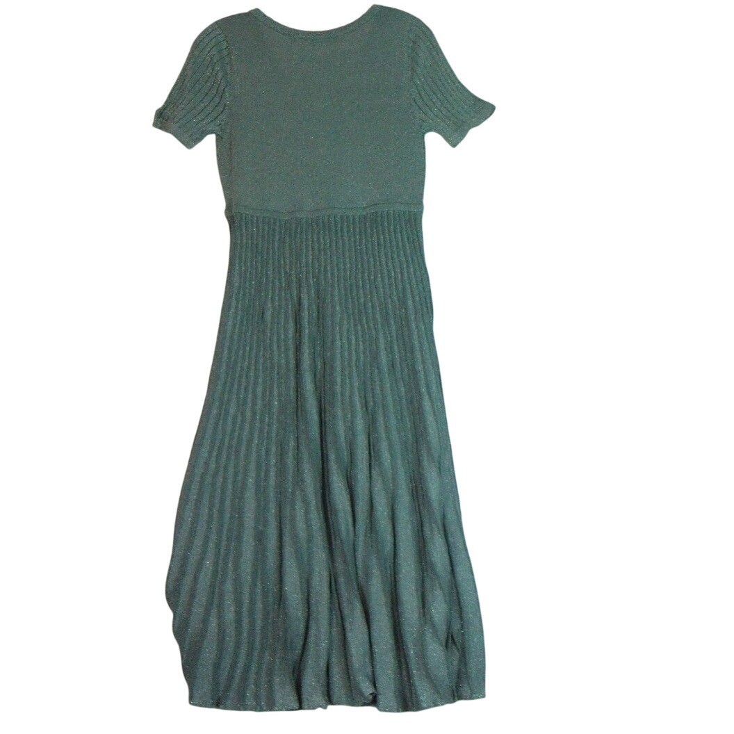 Soft Surroundings Green Silver Metallic Pleats Shimmer Midi Dress Size PS NWT