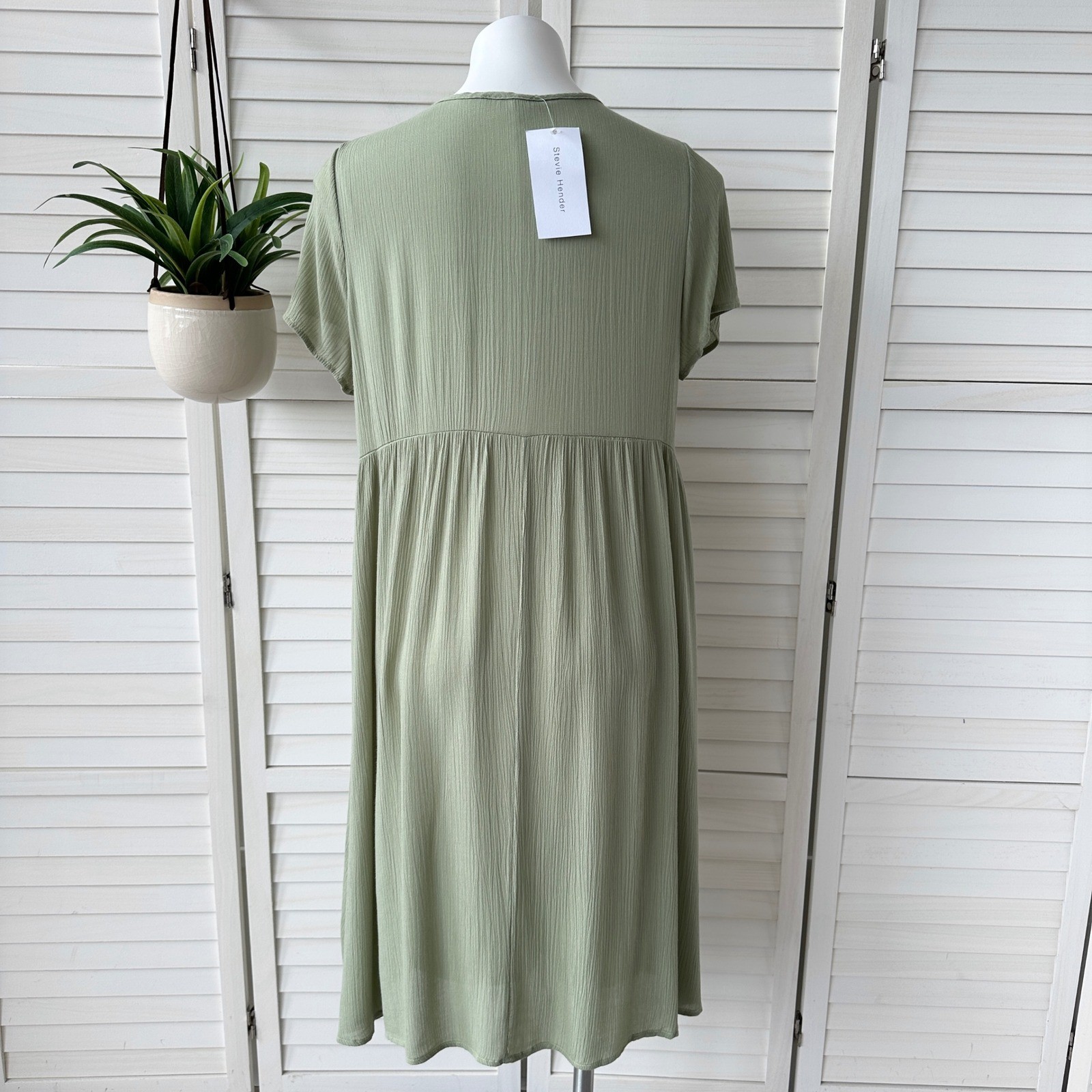 New Stevie Hender Green Crinkle V Neck Dress Short Sleeve Cottagecore Size L