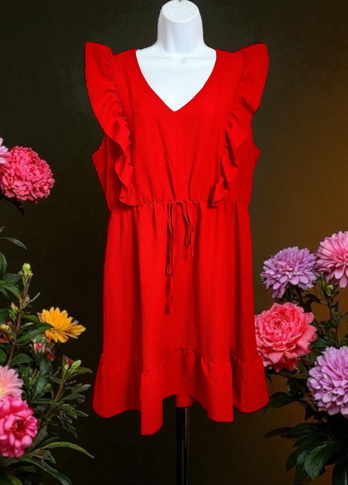 Shein Curve Red V-Neck Ruffled Dress Sz 1XL Sleeveless Elastic Waist Knee Length