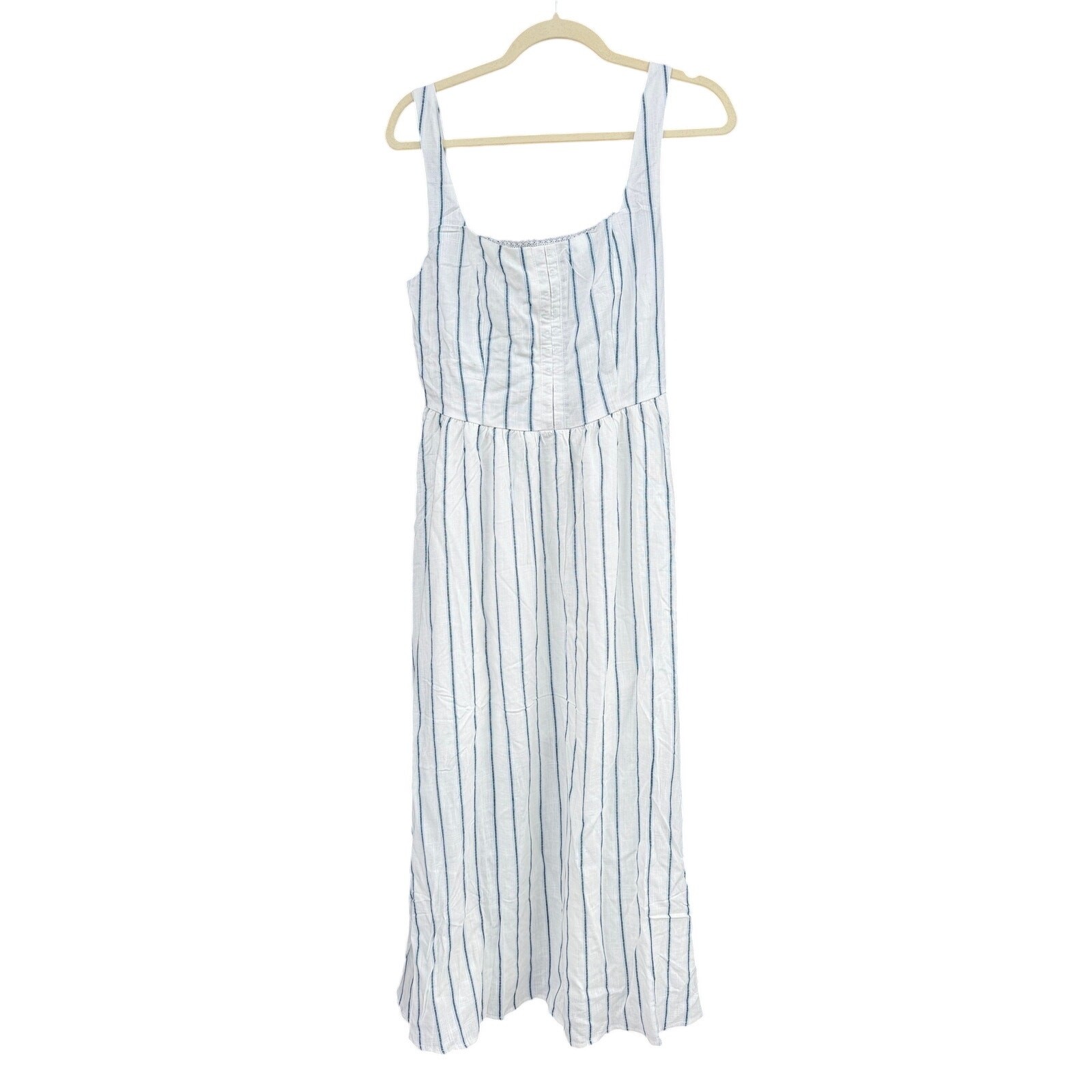 The Workshop Ella Stripe Midi Dress Front Hook Linen Blend Medium M NWT