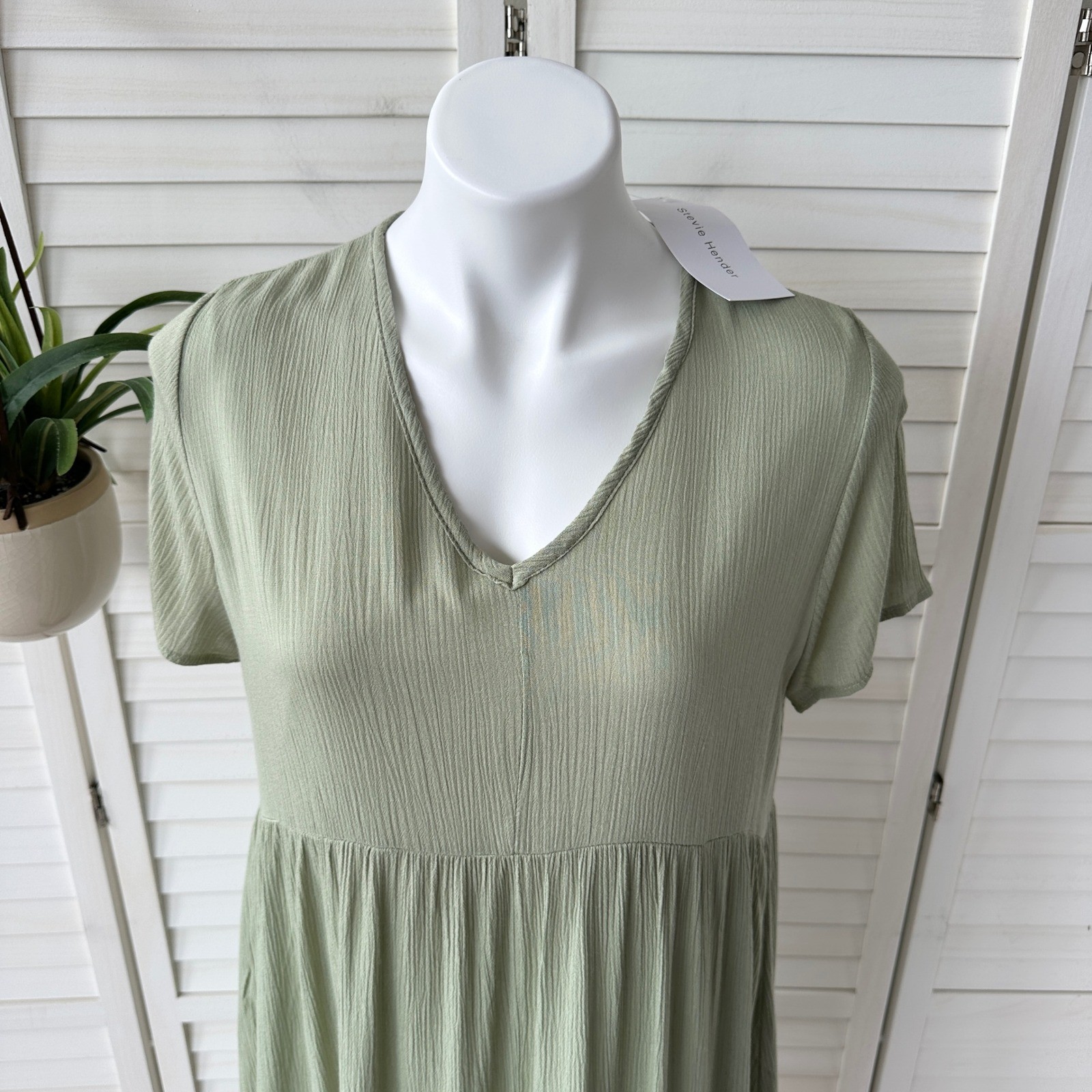 New Stevie Hender Green Crinkle V Neck Dress Short Sleeve Cottagecore Size L