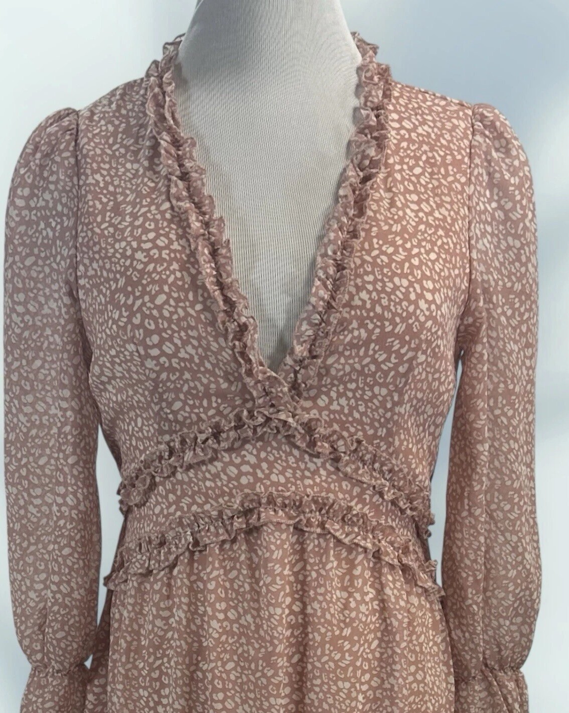 NEW Pretty C+D+M Pink Sheer Overlay Boho Prairie Ruffle Long Sleeve Sundress MED