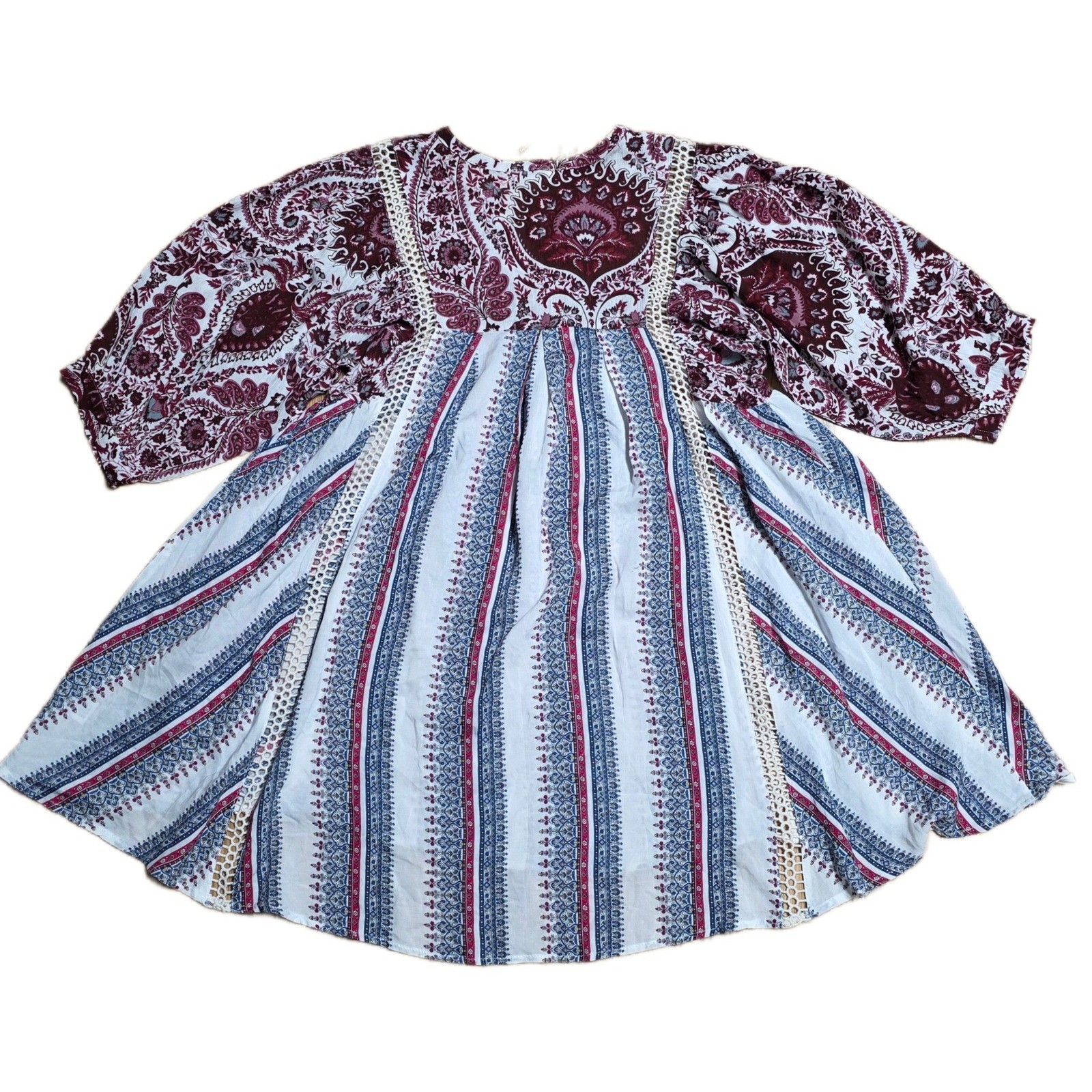 Umgee Paisley Stripe Boho Tunic Dress Women’s Size Small V Neck 3/4 Sleeve
