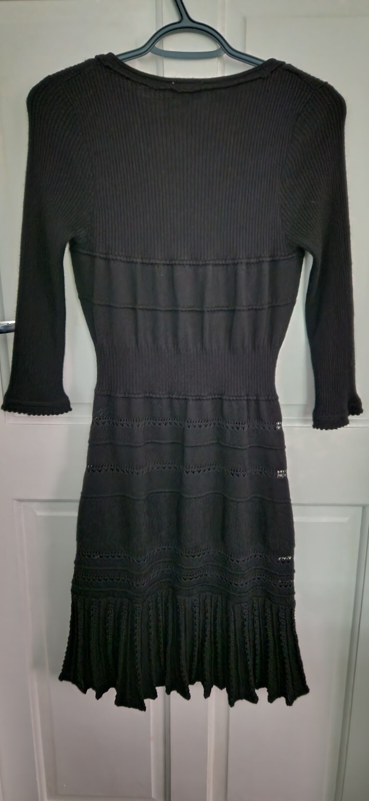 Karen Millen Dress Size 3 Black Wool Blend Crochet Knitted Stretch Lined Spring